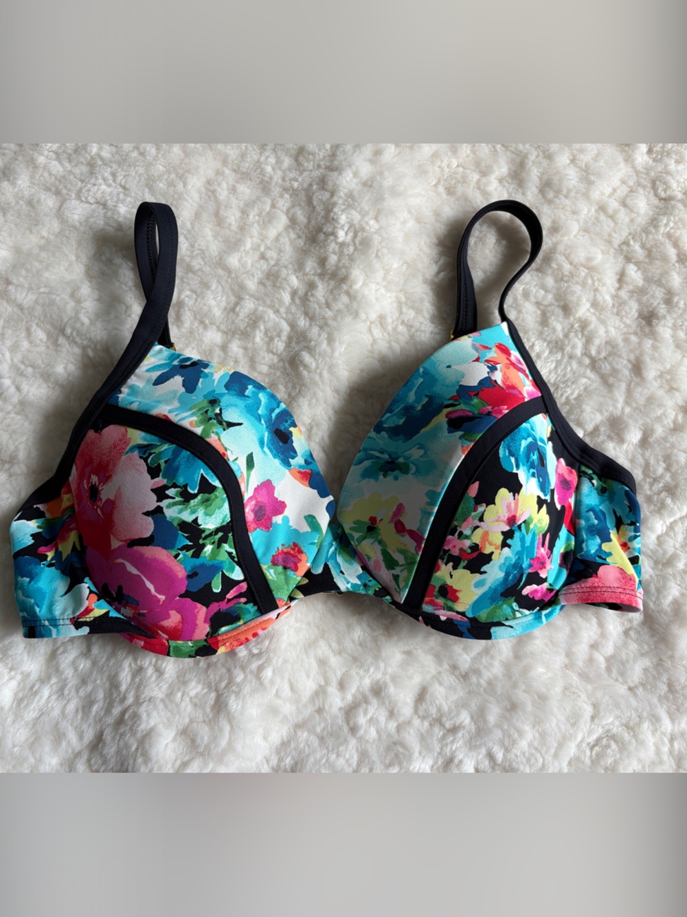 Bleu Rod Beattie Floral Underwire Bikini Top - Black, Turquoise & Pink 34D
